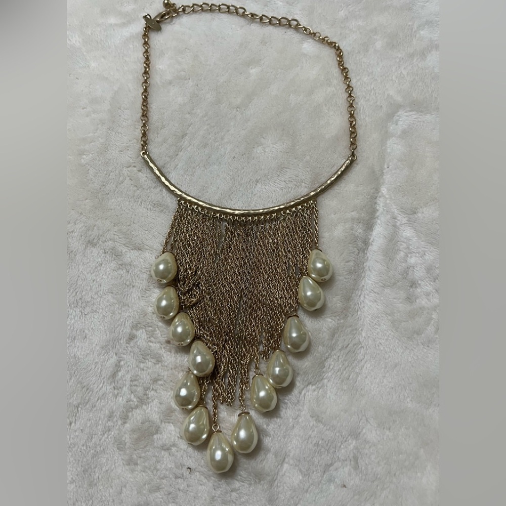 Faux pearl tassel fringe neck gold statement beaded necklace chicos long acrylic
